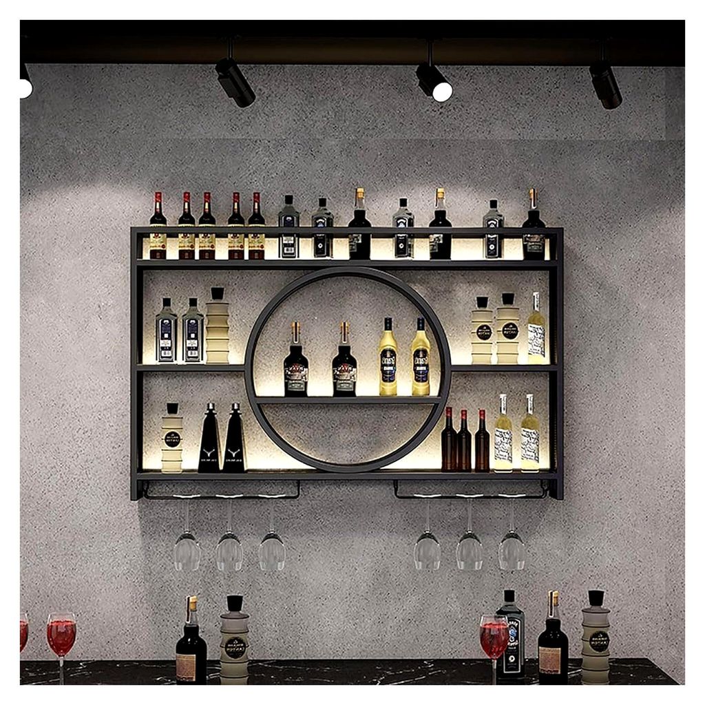 Wandmontiertes Weinregal aus Metall, runder Weinregalschrank mit Glashalter, multifunktionales Lagerregal für Weinflaschen (Größe: 140x15x80cm, ...