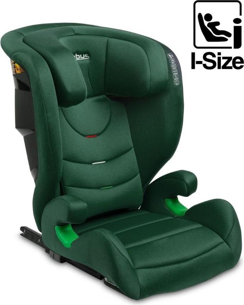 A dark green child car seat shown from a front-side angle on a white background.