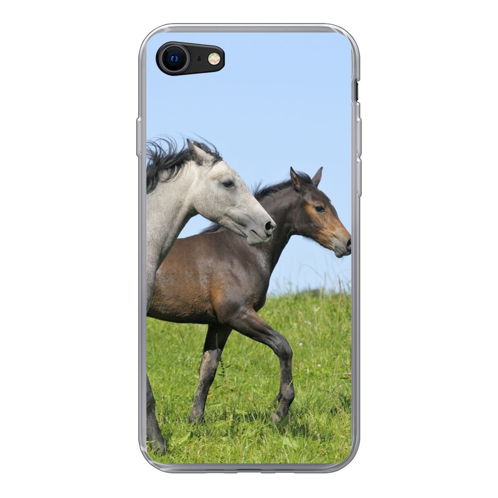 MuchoWow Handyhülle Schutzhülle Hülle für iPhone SE 2020 Pferde - Tiere - Gras Silikon Softcase Handy Hülle - Kartenbesitzer
