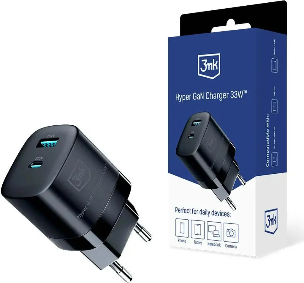 Caricatore da Viaggio 3Mk Hyper GaN 33W Nero | Doppia Porta USB