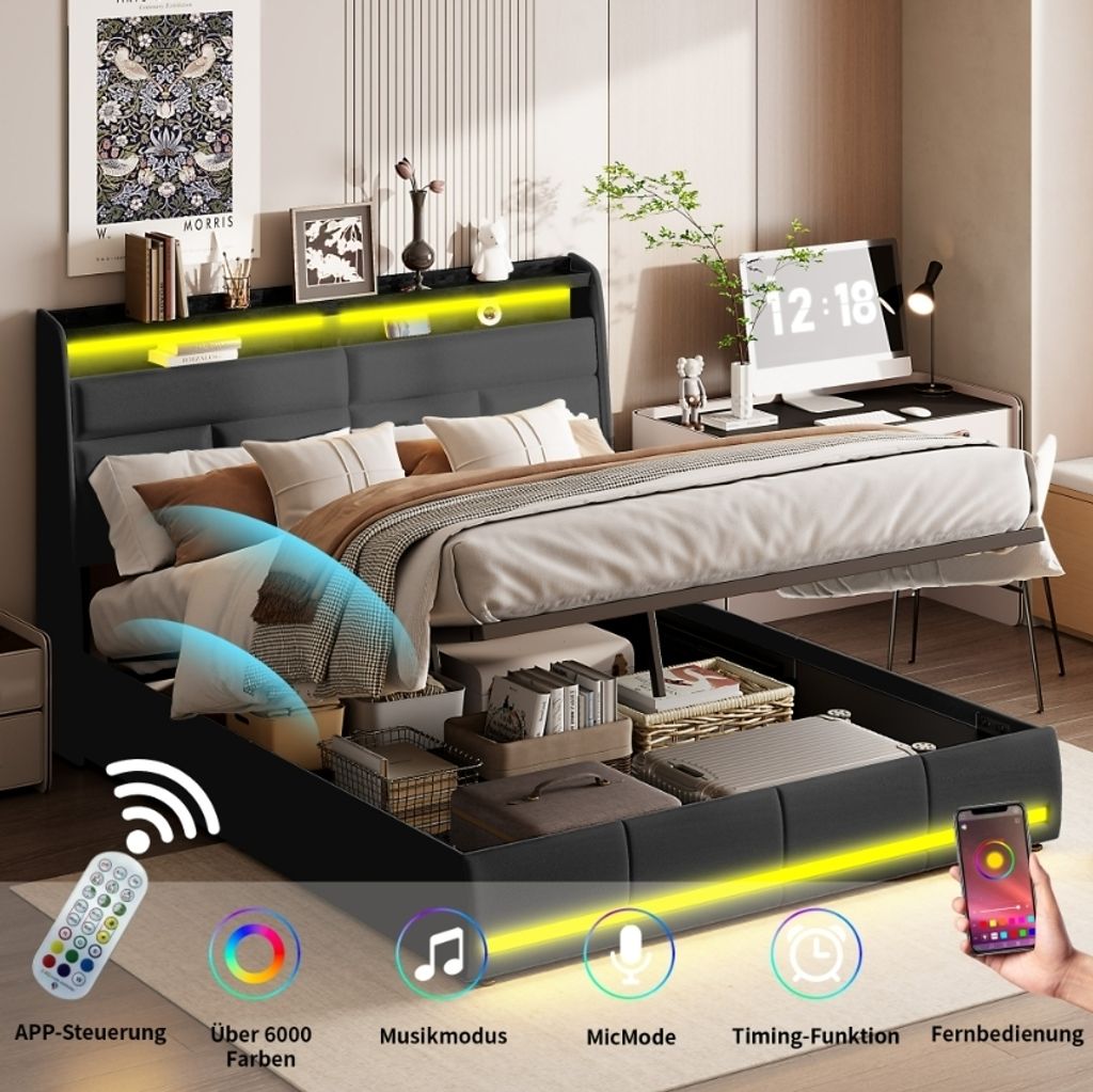 Brinlawb Letto Imbottito 140x200 cm, Struttura letto con Luce LED e Stazione di Ricarica (2 Prese CA 2 Porte USB) Letto Matrimoniale con testiera e pediera, Facile da montare, Moderno, Nero