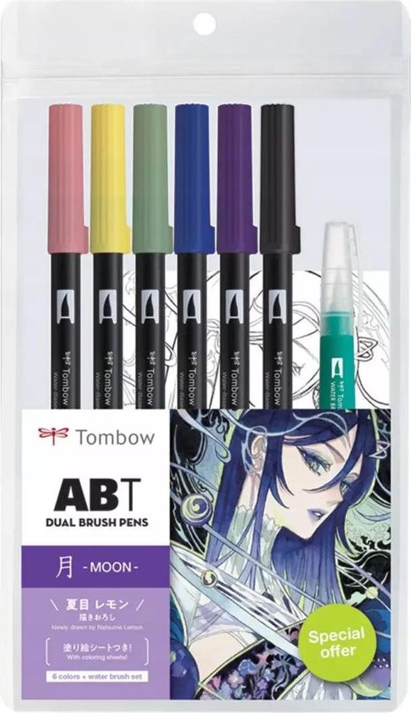 Tombow ABT-6P-MANGA-MOON, Czarny, Niebieski, Jasnozielony, Zdjęcie produktu 