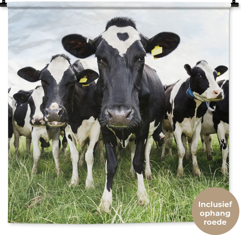 MuchoWow Wandteppich Wandbehang Kühe - Gras - Frühling - Tiere - Wiese - Bauernhof 120x120 cm Tapisserie Dekoration Wandtuch - Modern - Baumwol...