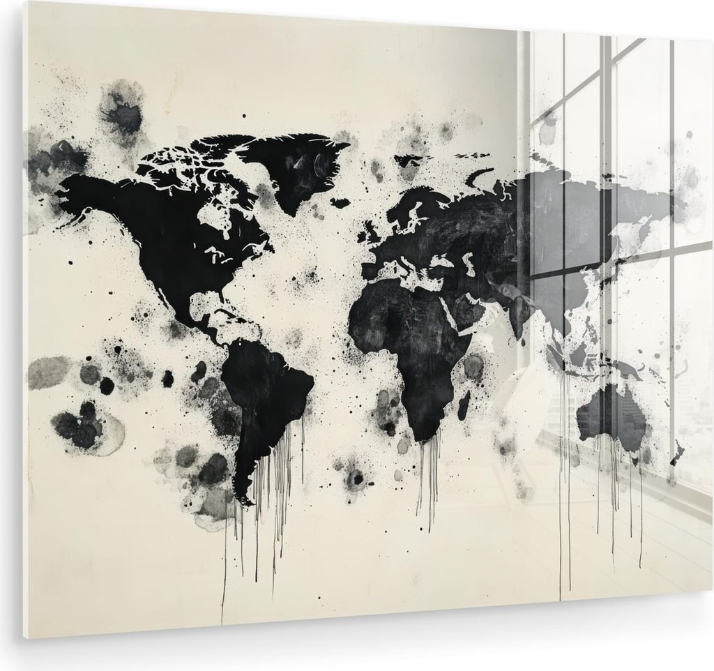 MuchoWow Glasbilder - Bilder auf Wandbild - Foto auf Glas Weltkarte - Schwarz - Tinte 40x30 cm Wanddekoration aus Glas - Acrylglasbild - Acrylbilde...