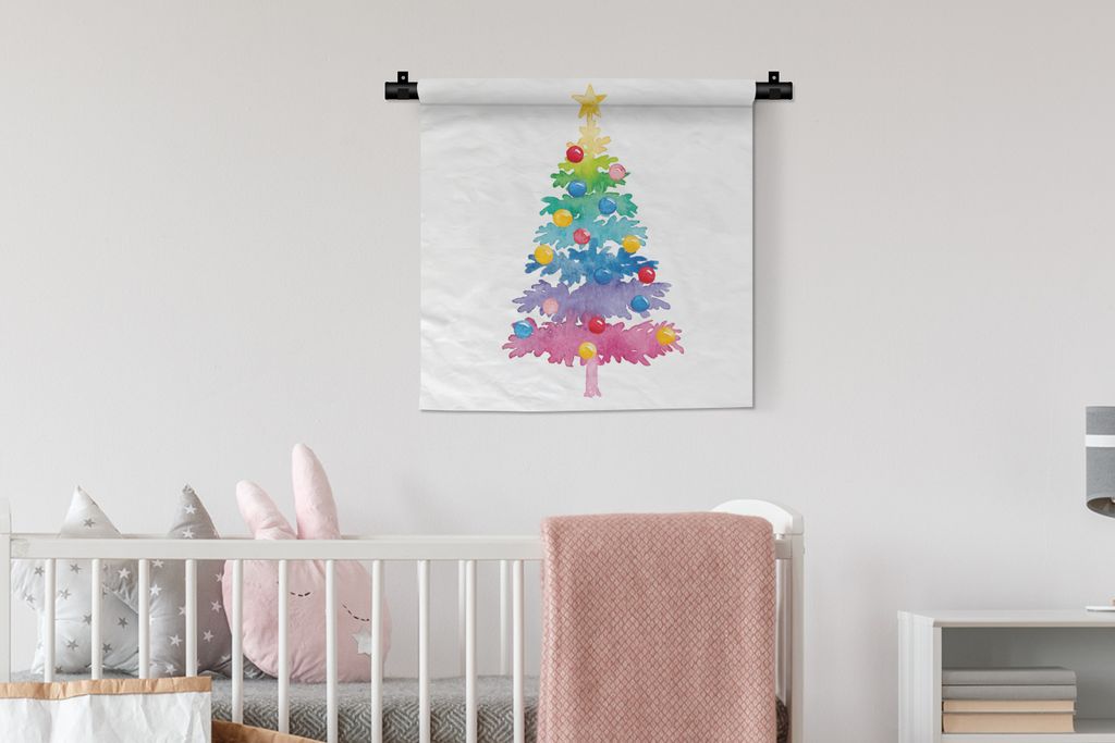 MuchoWow Wandteppich Wandbehang Illustration - Weihnachten - Weihnachtsbaum 60x60 cm Tapisserie Dekoration Wandtuch - Dekorationen - Wand Decke