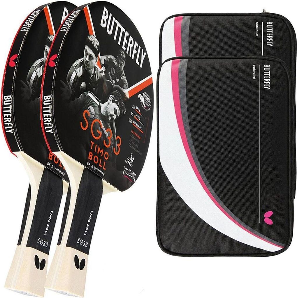Butterfly 2x Timo Boll SG33 Tischtennisschläger + 2x Tischtennishülle Drive Case II
