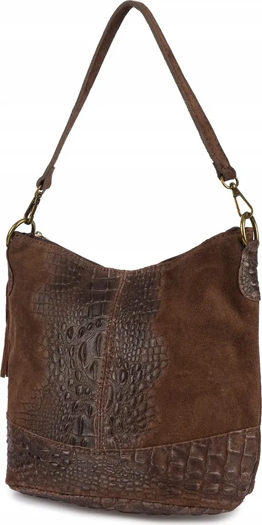 Sac bandoulière en cuir véritable texture croco marron foncé luxe 24cm