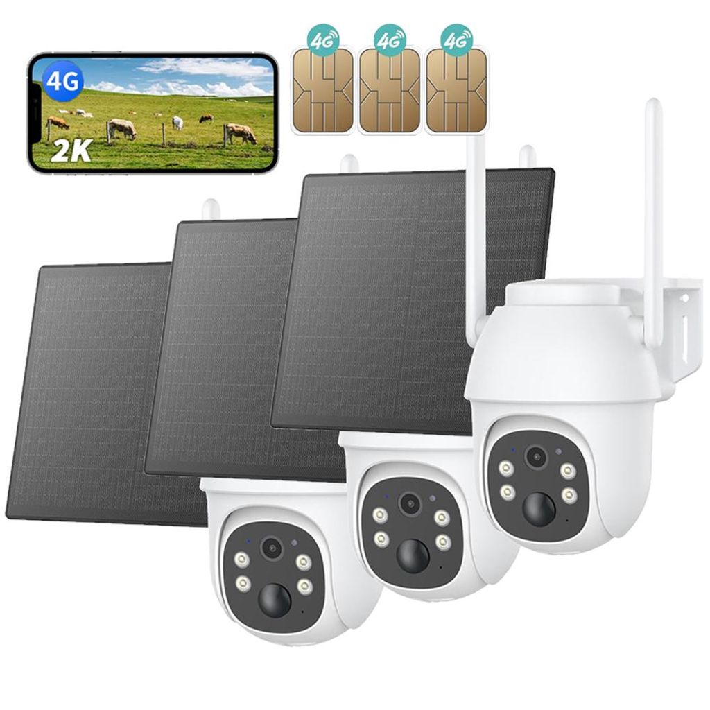 3 Stück 4G LTE Überwachungskamera Aussen Solar mit SIM Karte 2K HD 3MP PTZ Kabellos Kamera Ohne WLAN Outdoor Akku Farb/IR Nachtsicht PIR Erkennung