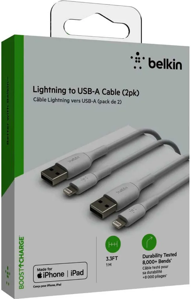 Câble Lightning 1m Belkin robuste blanc USB-A haute performance x2 - 11