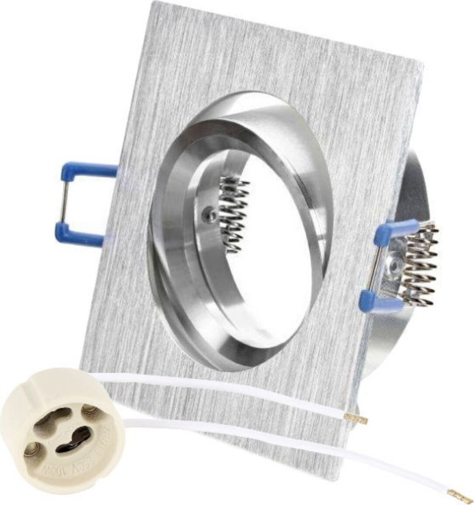 A square aluminum recessed spotlight frame with a GU10 socket and wires.