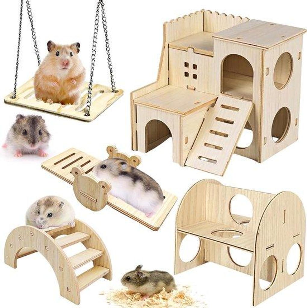 5-teiliges Hamster-Spielzeug-Set, Holz, Brücke, Schaukel, Klettergerät