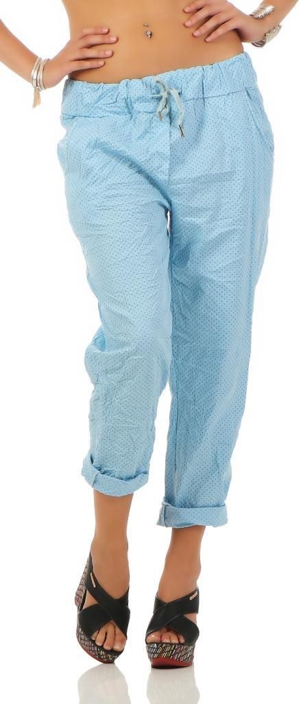 217 Damen Hose Freizeithose Stoffhose lockere Sommerhose Leinenhose gepunktet mit Tunnelzug und Punkte Print One Size S M L 36 38 40 Hellblau