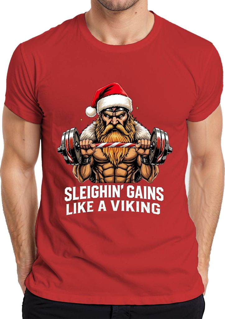 Sleighin' Gains Like A Viking Wikinger Weihnachtsmann Gym Fitness Herren T-Shirt, Rot, XXL