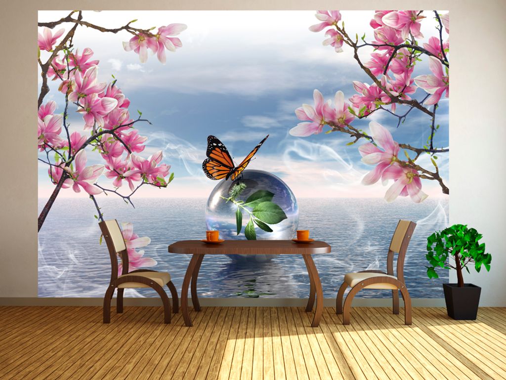Vlies Fototapete Abstrakt 400x280 cm Tapeten Wandtapete XXL Meer Magnolie Natur Schmetterling Erde Himmel 10110903-2