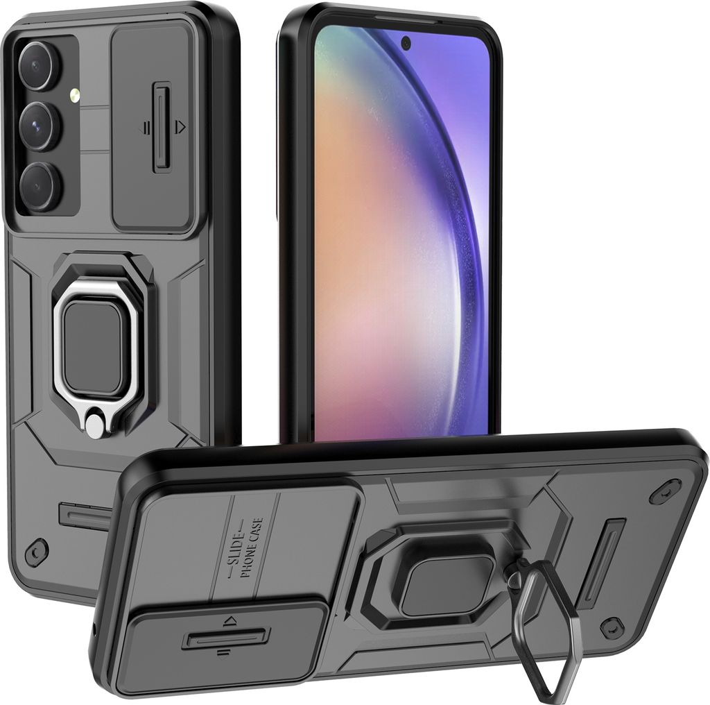 Hülle für Samsung Galaxy A55 Dual Layer Handyhülle Schiebe Kamera Schutz und Ringhalter Ständer Schwarz