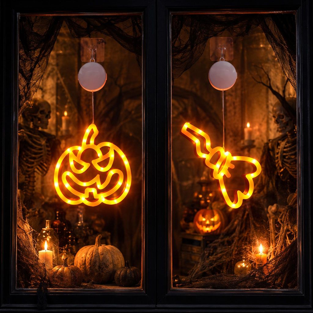 Halloween Deko Fensterlichter 2er Pack mit Kürbis Besen LED
