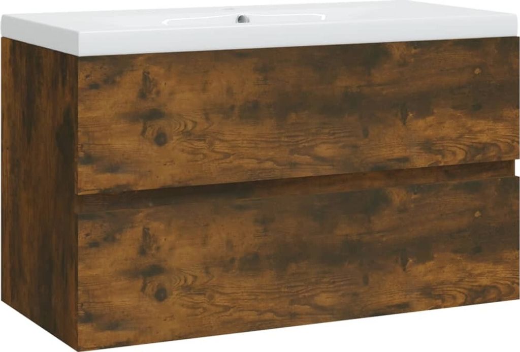 Waschbeckenschrank mit Einbaubecken Räuchereiche Holzwerkstoff