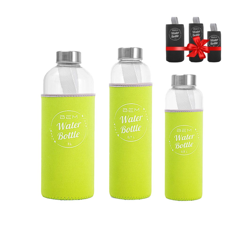 Water Bottle-SET: Trinkflaschen in 3 Größen mit Hüllen-Sets (schwarz+grün)