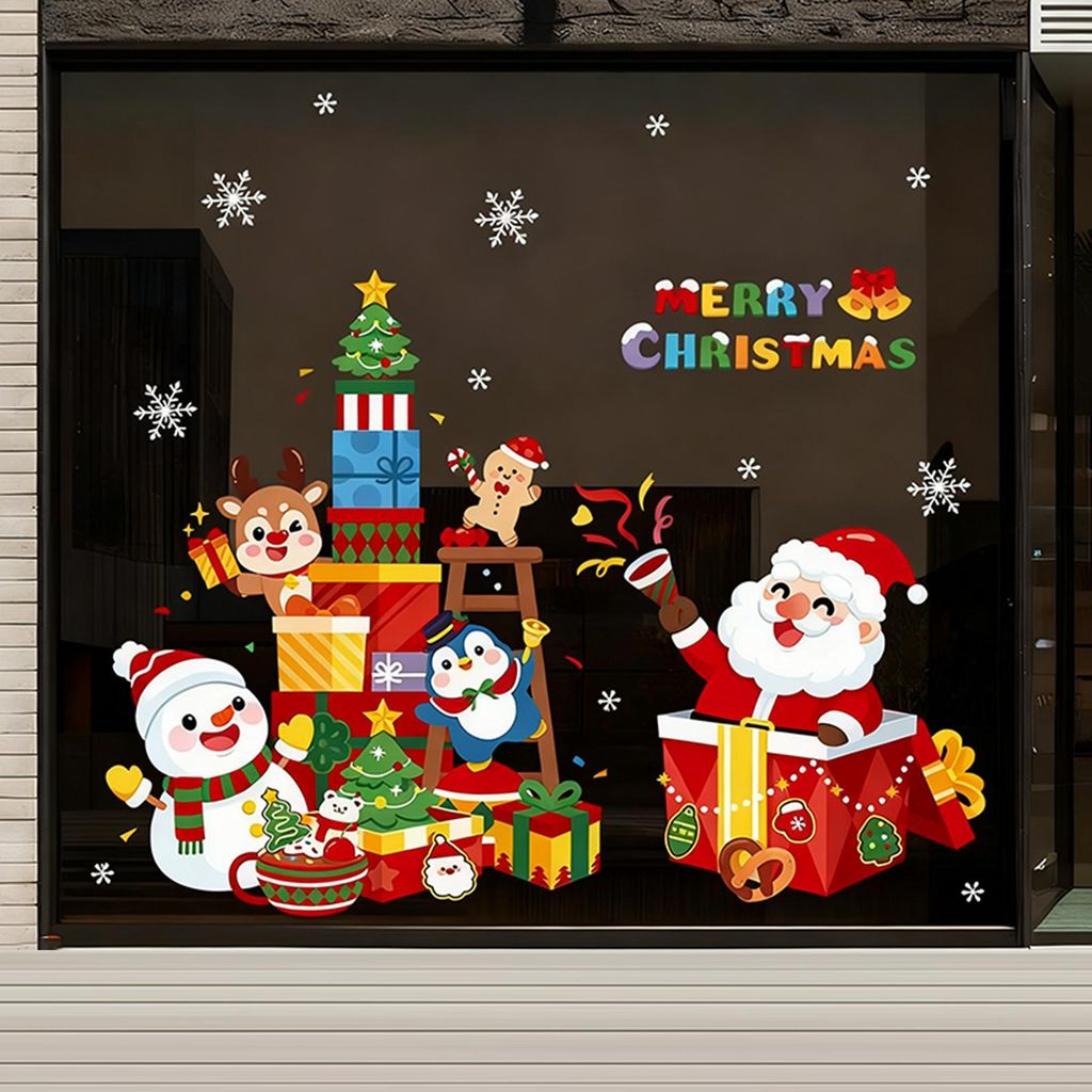 Weihnachtsfensteraufkleber mit Weihnachtsbaum, Weihnachtsmann, Rentier und Schneemann – abnehmbare, statisch haftende Fensteraufkleber für winte...
