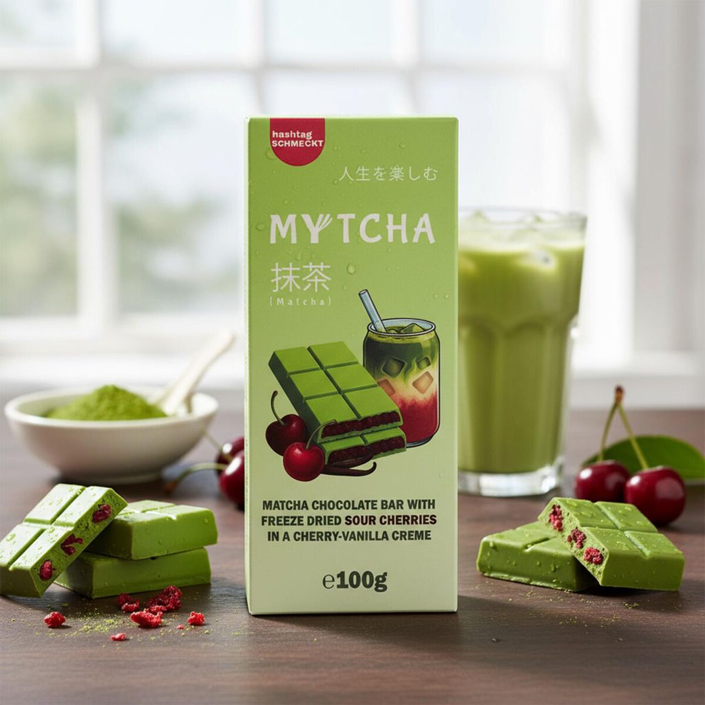 hashtag schmeckt Mytcha Matcha Chocolate Bar Freeze Dried Sour Cherries 100g