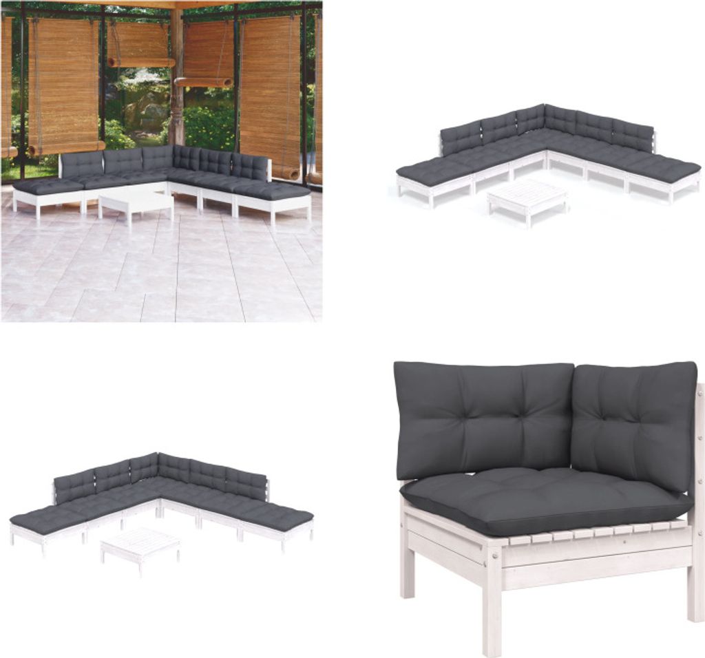 vidaXL 8 tlg. Garten Lounge Set mit Kissen Weiß Kiefernholz - Garten-Lounge-Set - Garten-Lounge-Sets - Gartenmöbel-Set - Gartenmöbel-Sets