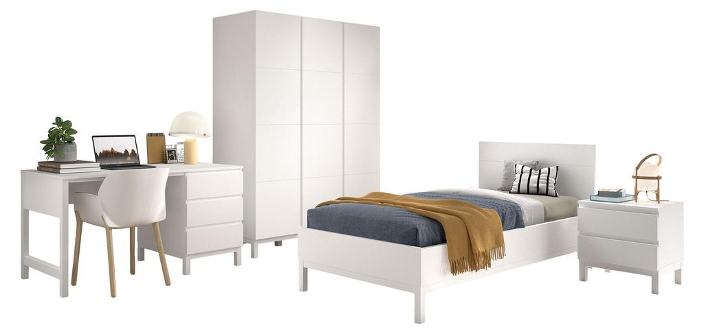 Kinderzimmer Set Keely Kiefer weiß Bett NaKo Schrank Schreibtisch