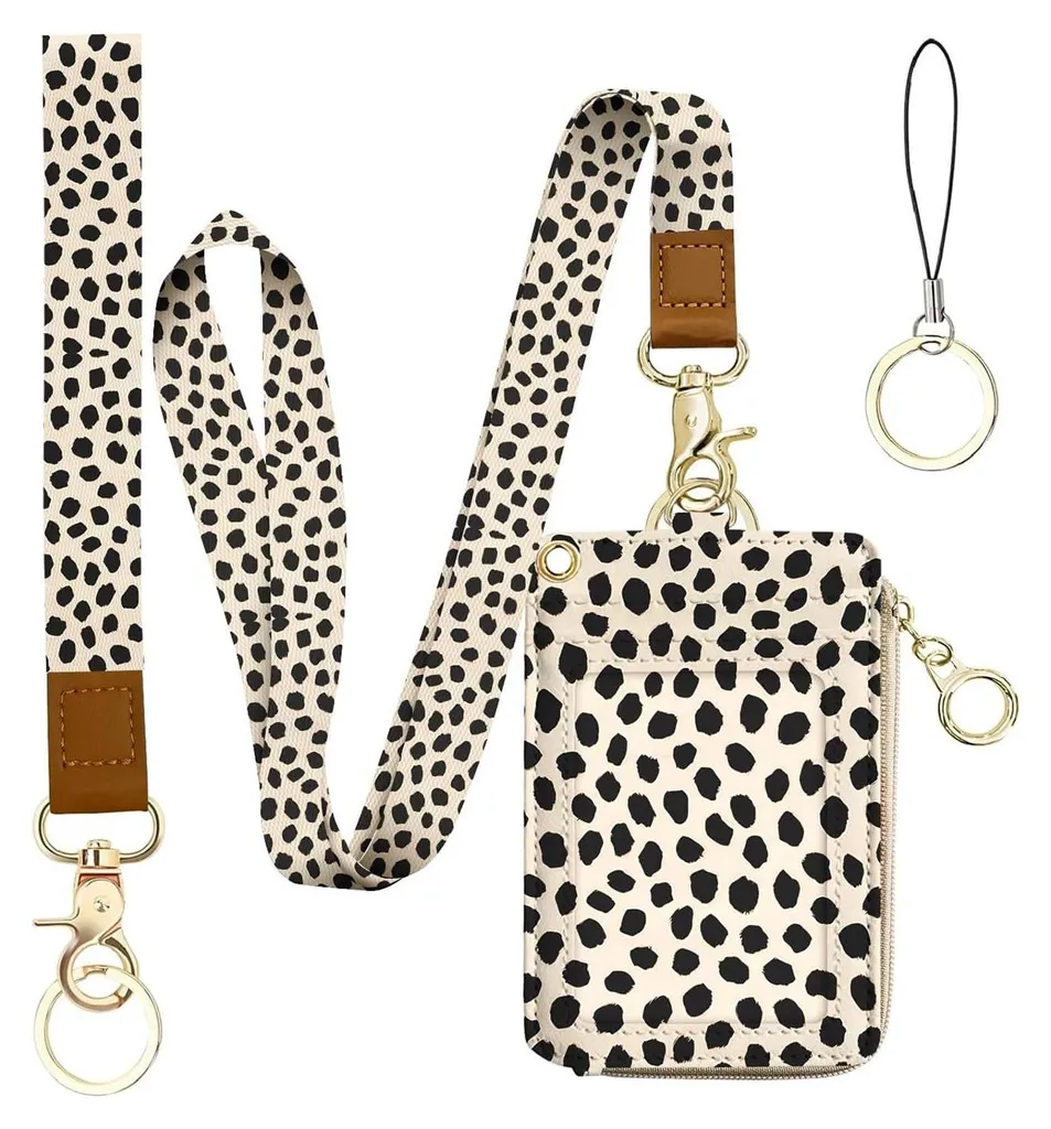 Porte-badge en cuir avec cordon et 5 fentes pour cartes et monnaie