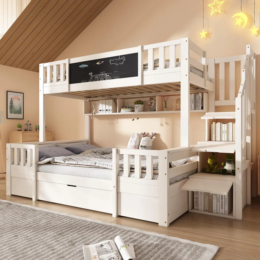 Lit superposé 3 couchages pour chambre d'enfant avec escalier blanc