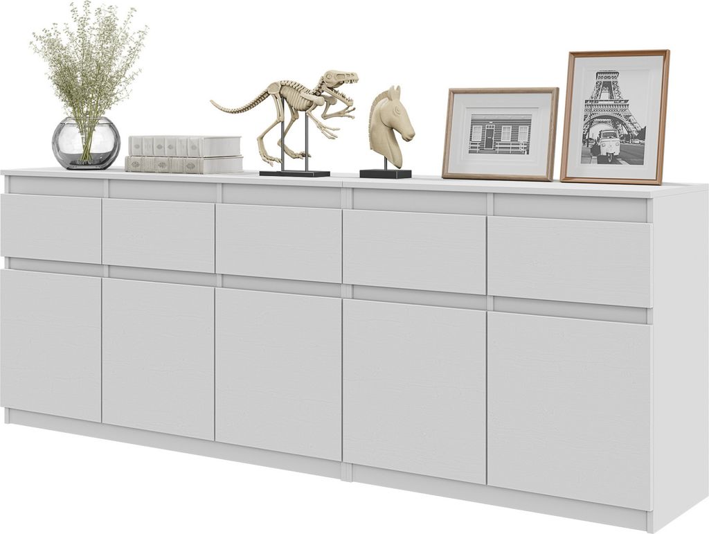 NOAH - Kommodenset mit 5 Schubladen und 5 Türen - Schlafzimmer Kommode Aufbewahrung Schrank Sideboard - Weiß Matt H75cm B200cm T35cm