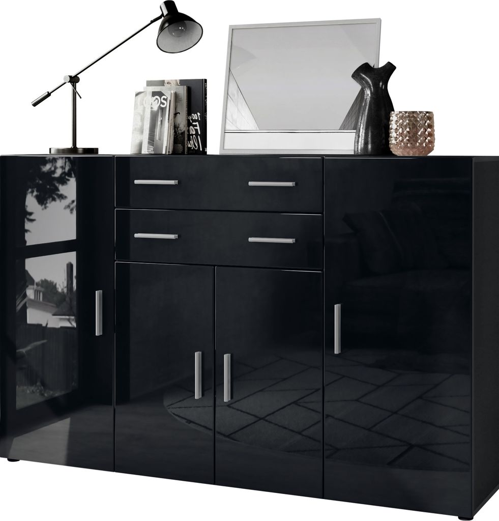 Vladon Highboard Aron Anrichte mit 2 Schubladen und 4 Türen mit insgesamt 8 Fächer dahinter, Anthrazit matt/Schwarz Hochglanz (166,5 x 106,5 x 35...