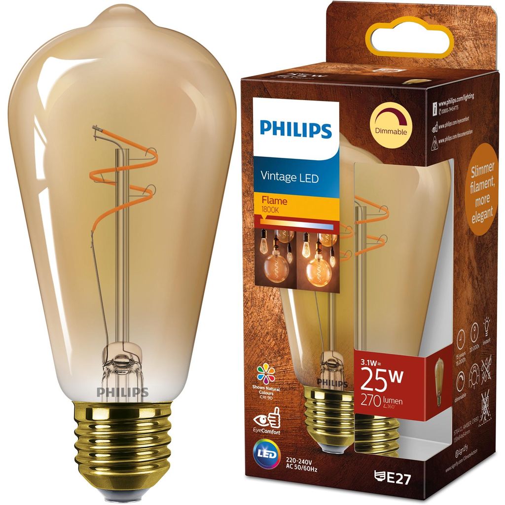 Philips LED-Lampe E27 Edison ST64 3,1 W = 25 W 270 lm 1800K Warm CRI90 300° FILAMENT Vintage Bernstein Dimmbar Dekorativ