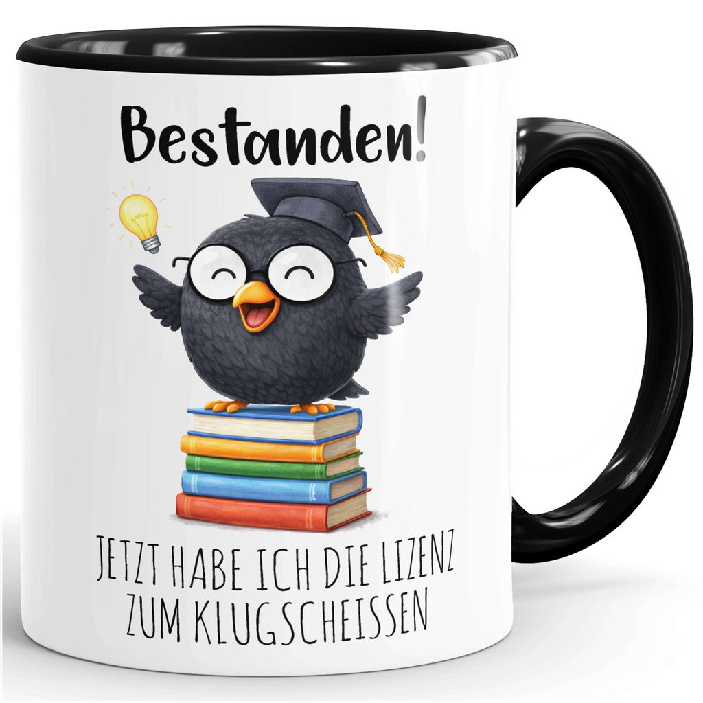 Kaffee-Tasse lustige Tiermotive - Geschenk Abschluss Bestanden Spruch Lustig Lizenz zum Klugscheissen - Keramikbecher Moonworks