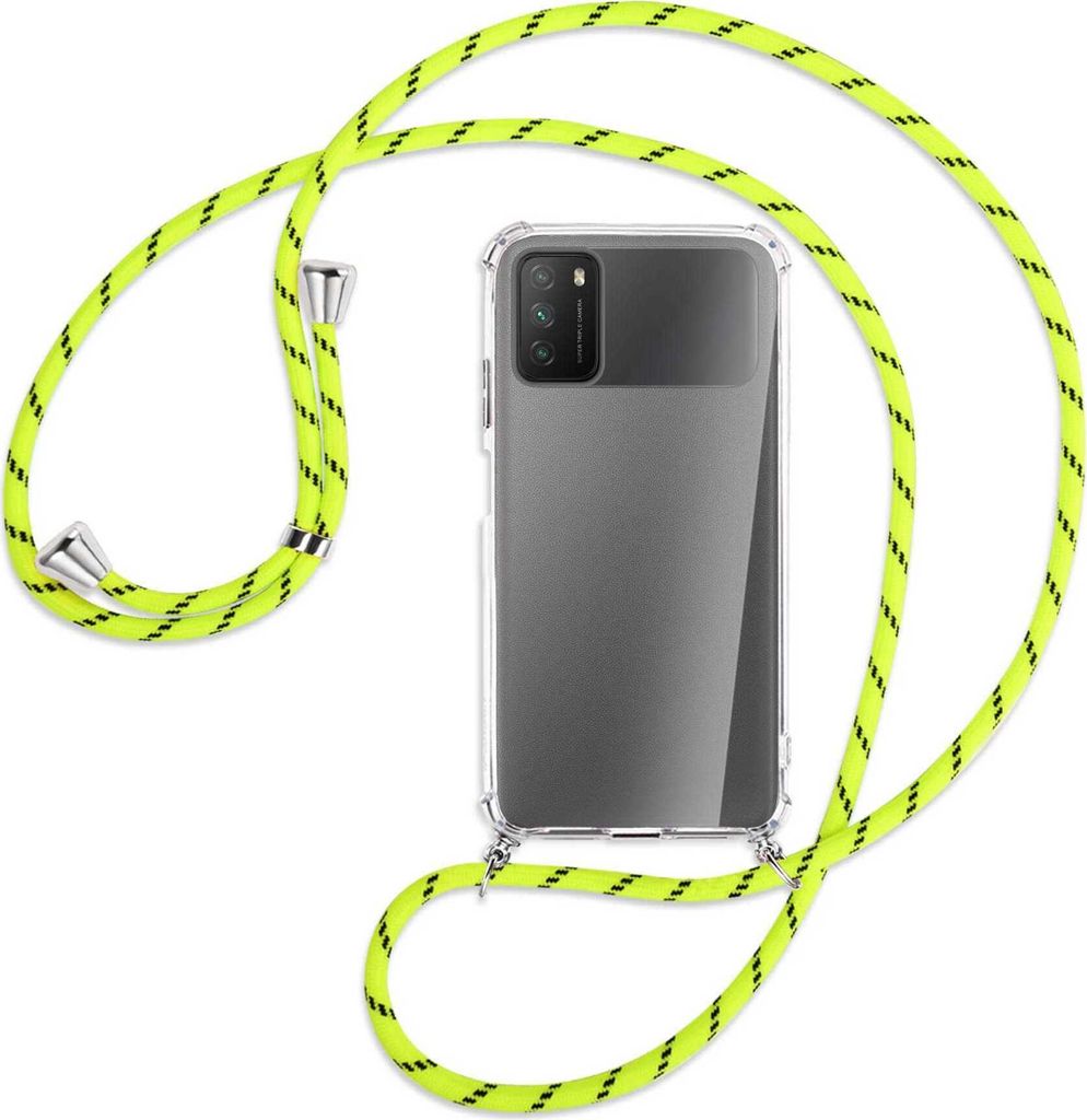 Handykette Backcover-Schutzhülle mit Band (Metall silberfarben) für Xiaomi Poco M3 - neongelb