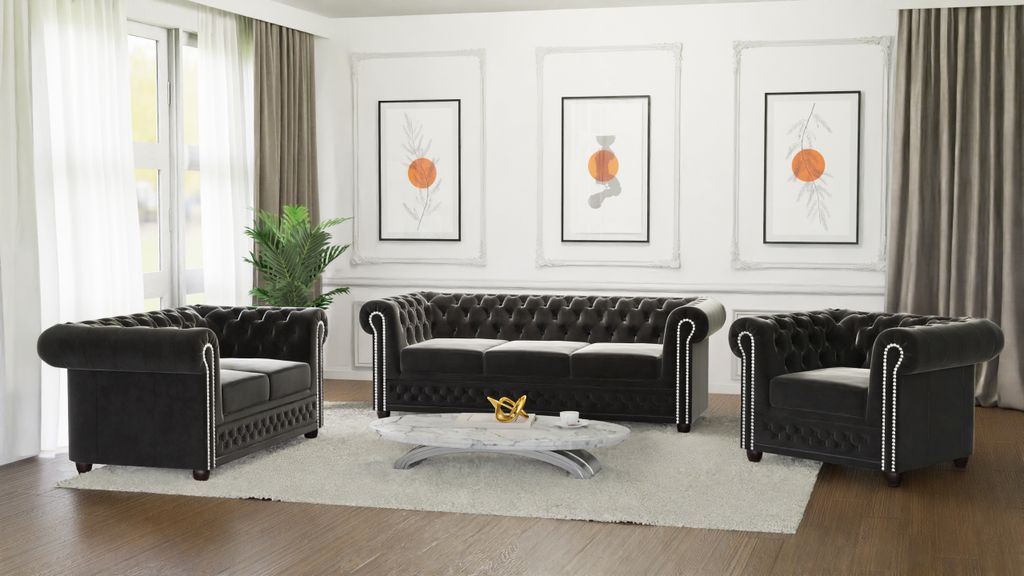 S-STYLE MÖBEL - Nox - Chesterfield Polstergarnitur mit Schlaffunktion 3+2+1 aus Schwarz Samt-Stoff mit Holzfüßen, B/T/H: 3er - 203 cm/ 86 cm / 7...