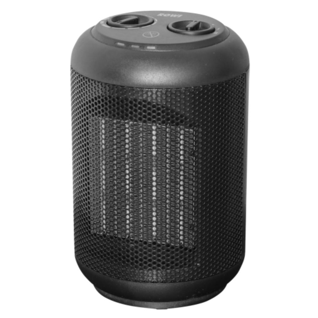 A black ROWI ceramic heater is shown against a white background.