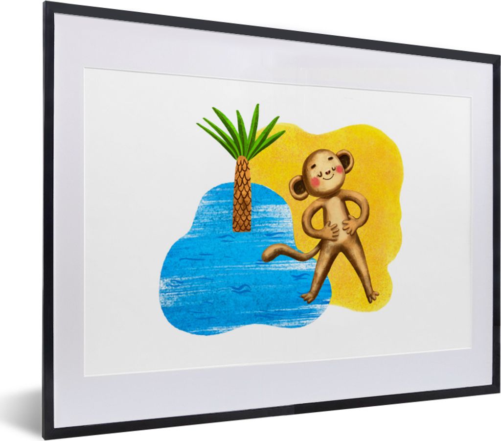 MuchoWow MuchoWow Gerahmtes Poster Affe - Strand - Palme - Meer 40x30 cm - Poster mit zchwarzem Bilderrahmen - Bilderrahmen - Poster im Rahmen