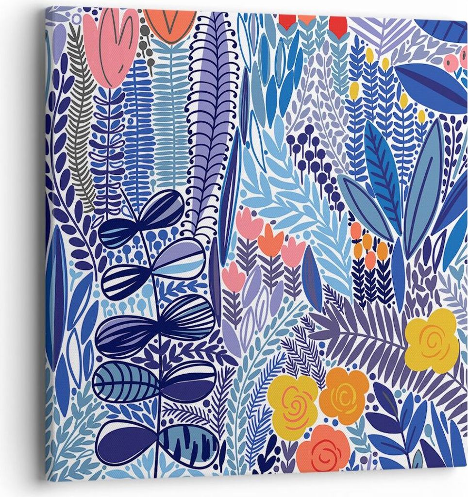 Bild auf Leinwand - Leinwandbild - Blumen Blätter Illustration Tropen - 40x40cm - Wand Bild - Wanddeko - Leinwanddruck - Bilder - Kunstdruck - Lei...