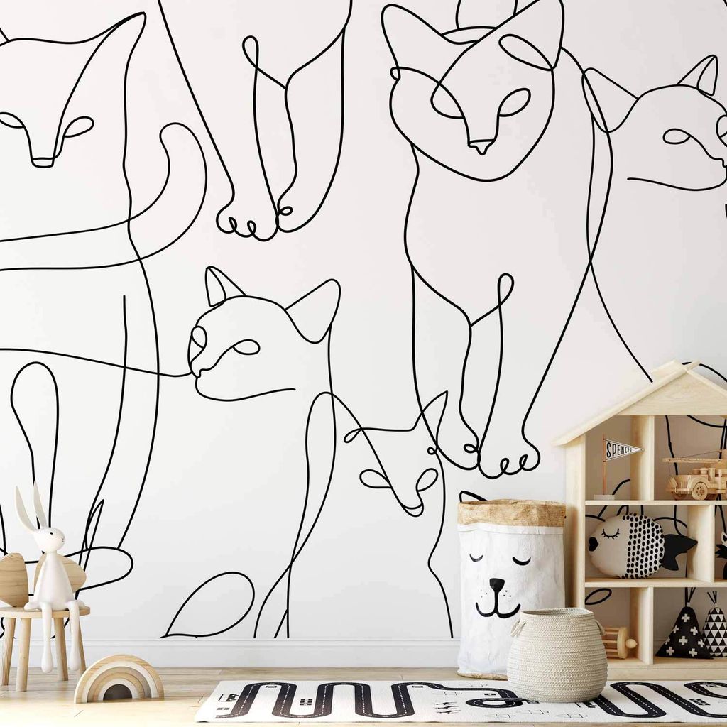 Vlies Fototapete - Cat lineart - minimalist sketches of black cats on white background 200x140 cm Tiere g-A-10035-a-b