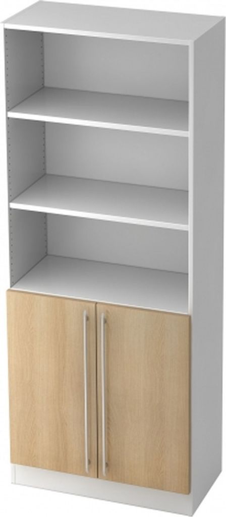 Regal 5 OH 80x42x200,4cm 2 Türen unten Sockelblende Griff RE Weiß/Eiche