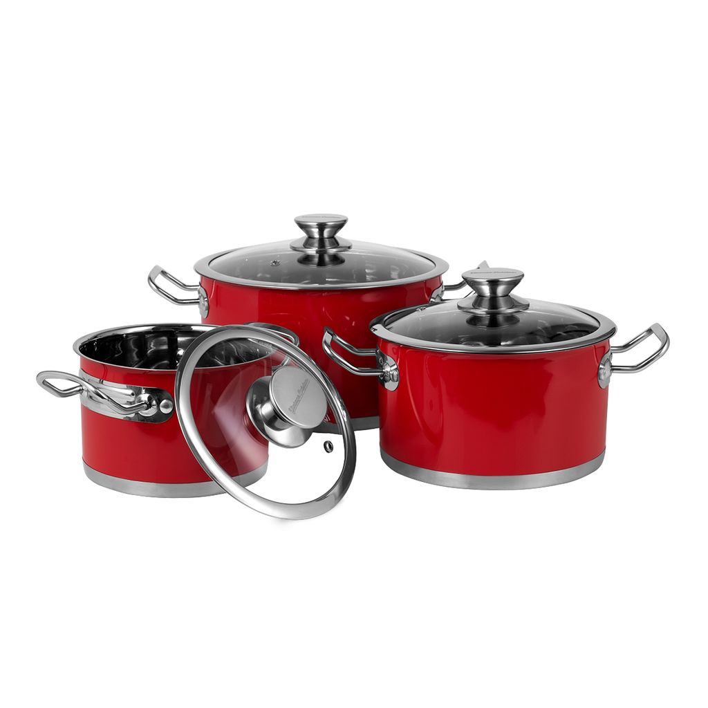 Three red pots with glass lids are arranged on a white background. One lid is off and leaning against its pot.