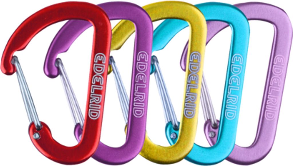 Fünf Micro 0 Materialkarabiner von Edelrid in verschiedenen Farben- Rot; Lila; Gelb und Blau.
