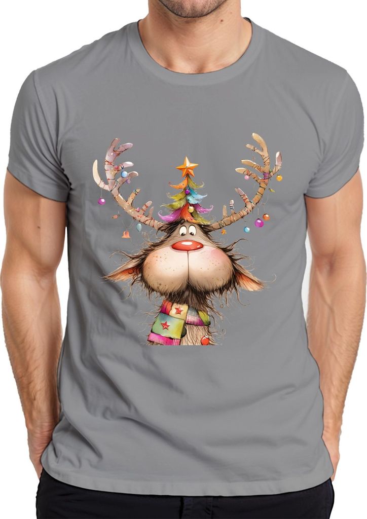 Lustiges Rentier Weihnachtsbaum Geweih bunte Kugeln Schal Herren T-Shirt, Grau, XL