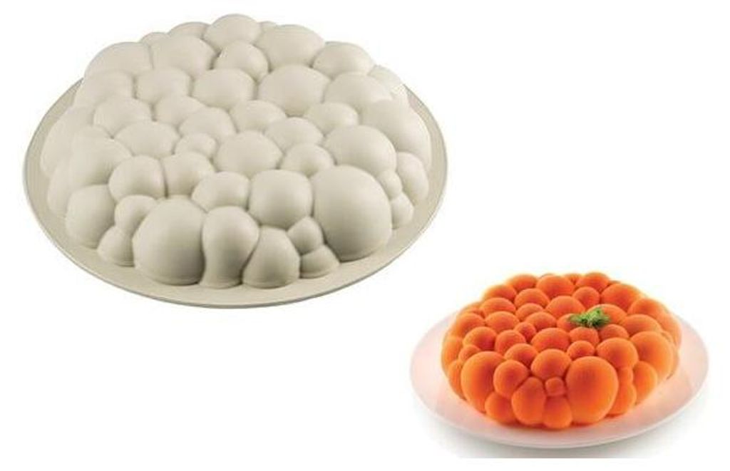 A white silicone cake mold and an orange cake made in the mold are shown against a white background.