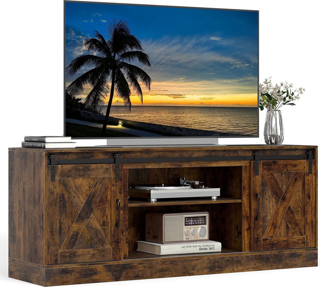 COSTWAY TV Schrank mit 2 Schiebetüren & Regalen, TV-Ständer für bis 70" Fernseher, TV Lowboard 150 x 39 x 60 cm, Fernsehtisch für Wohnzimmer, b...