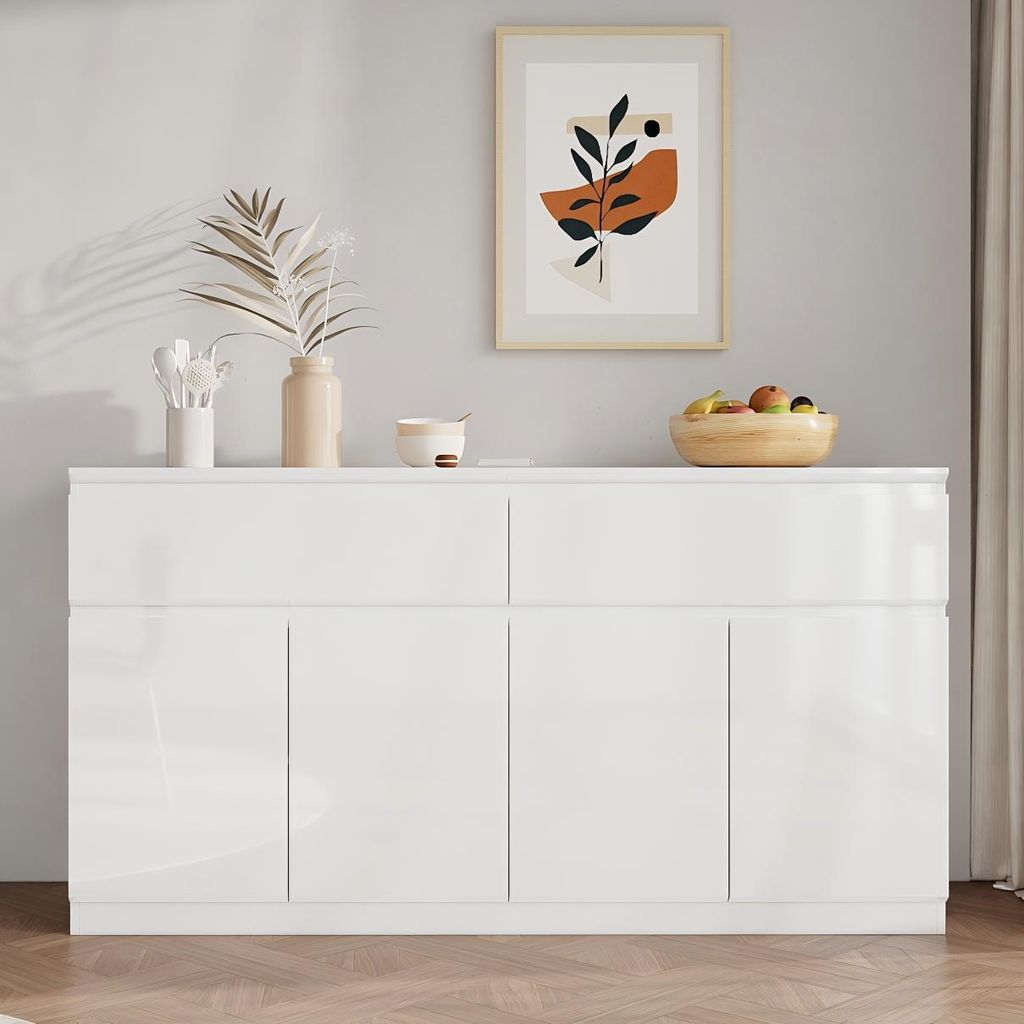 Hochglanz Sideboard Weiß 155x40x83cm, 2 Schubladen & 4 Türen mit PET-Oberfläche, Breiter Stauraumschrank mit Schrägkanten für Wohnzimmer und K...