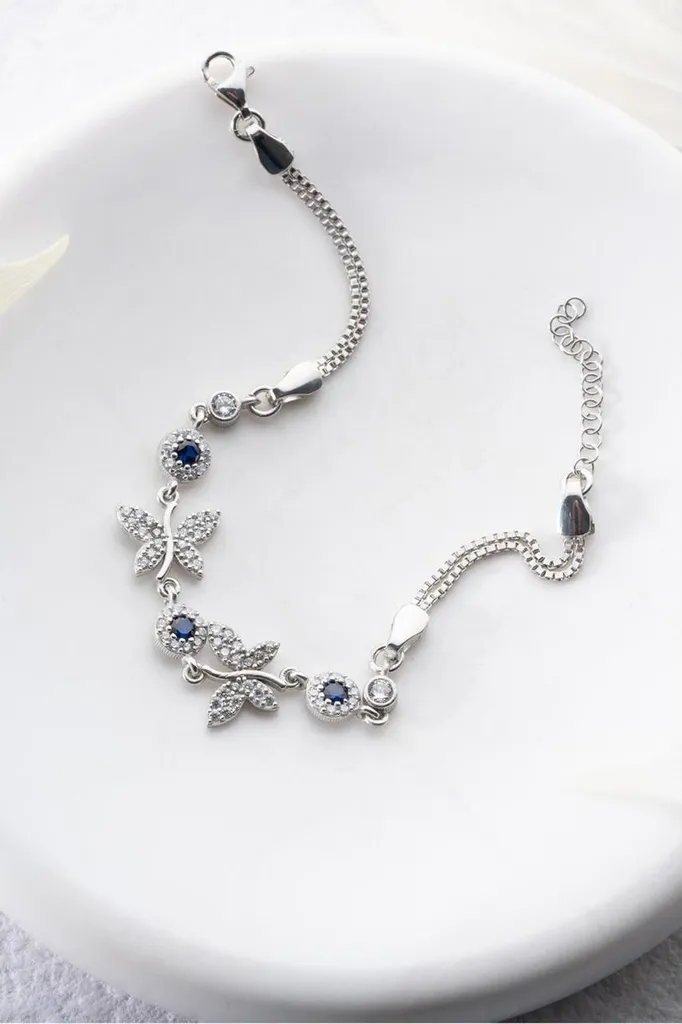 Bracelet argent 925 femme anti-allergie papillon bleu ne noircit pas