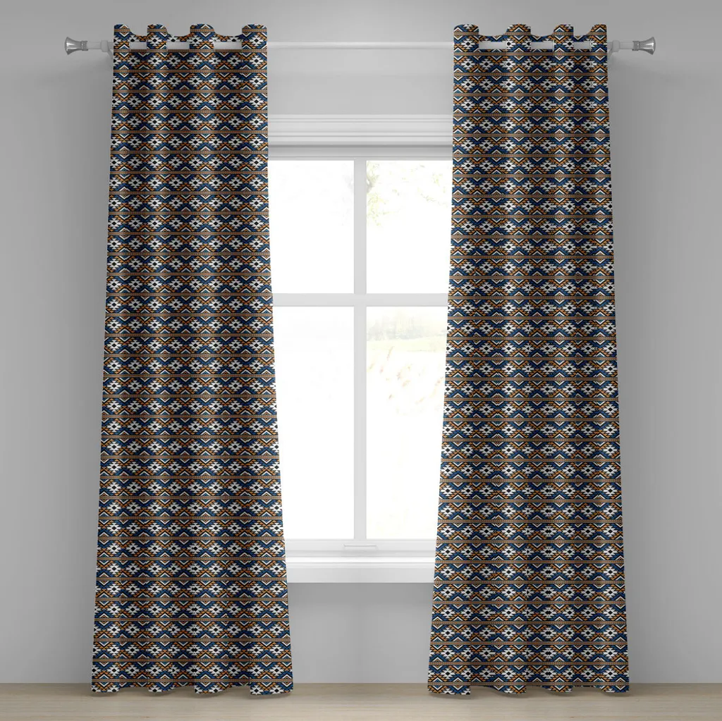 ABAKUHAUS Tenda con occhielli Boho, bordo con motivo geometrico etnico senza cuciture in stile Boho, tende decorative a 2 pannelli, 280 cm x 175 cm, arancione, blu e bianco