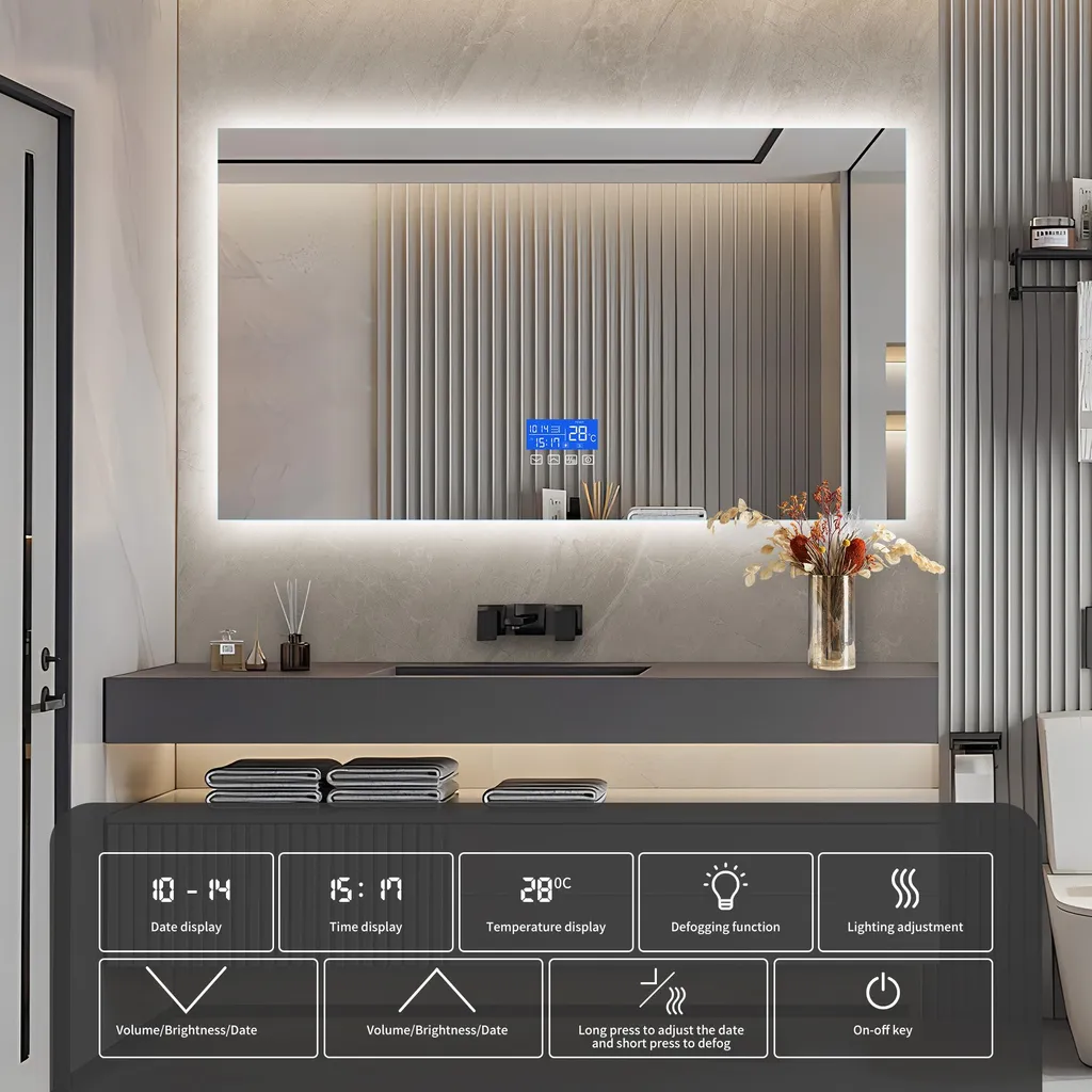 Specchio da bagno con luce - 100 x 60 cm - Specchio da bagno a LED - con touchscreen, antiappannamento, orologio, temperatura, dimmerabile