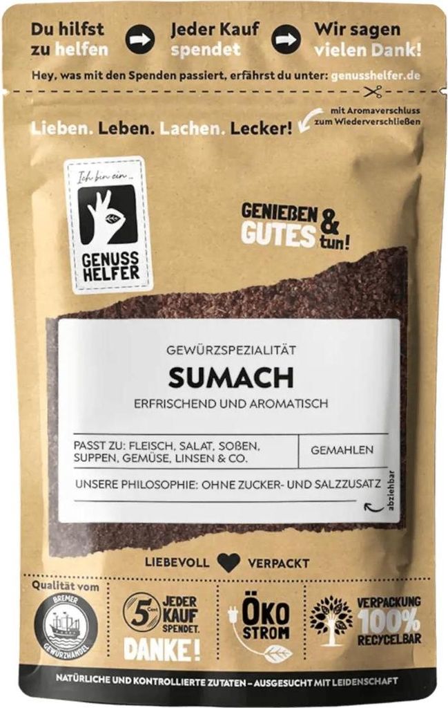A close-up of a brown paper pouch of Sumach spice.