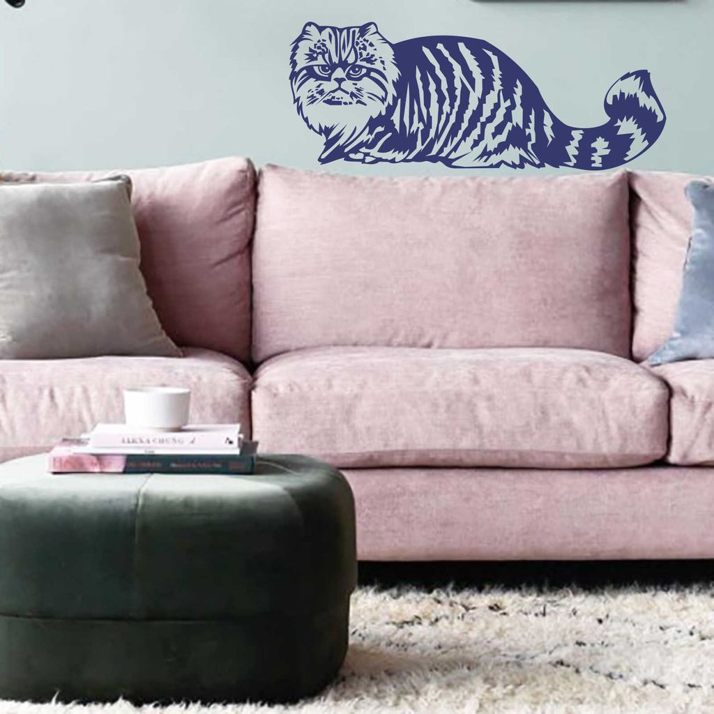 Wandtattoo - Wandaufkleber - Wandtattoo "Perserkatze" - 60cm x 24cm königsblau - Dekoration Küche Wohnzimmer Wand